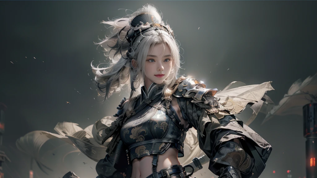 high quality,high resolution,masterpiece,8K,(超realism的照片),(portrait),Digital Photography,(realism:1.4),20 year old girl,Exquisite facial features,Glowing sword,((Cyberpunk style Chinese warrior)),Feel free to hairstyle,(white hair),Large Breasts,,(Cyberpunk battle suit combining science fiction and ancient style,Hollow carving design,Metal shoulder pads,Intricate clothing patterns,bamboo hat),(show navel),shut your mouth,frown,Smile,cold and serious,extremely detailed expression,Real details,Light Magic,Photo poses,oc render reflection texture