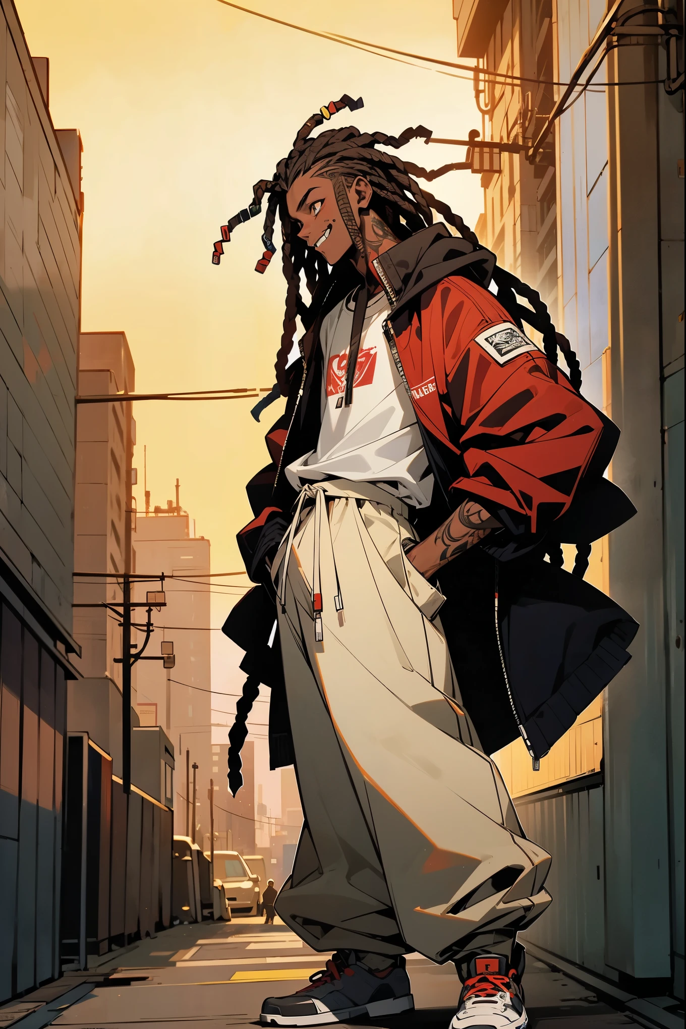 1male, dark skin, dreadlocks, grinning, golden eyes, white shirt, red lined jacket, baggy jogger pants, tattoos, city background, detailed background, hands to side, standing on path