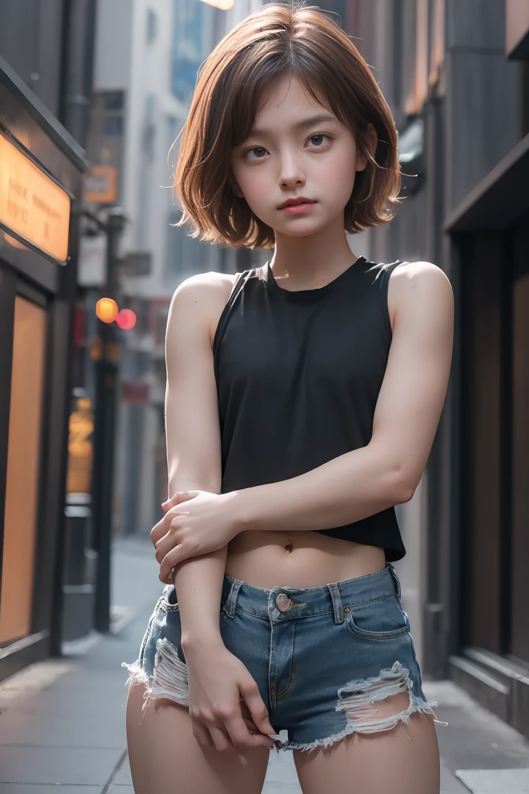 ((Center of chest, Tomboy, Small Head)), ((10 years old)),dawn, sunlight, (Trained abdominal muscles : 1.1), (Perfect body : 1.1), (Short Wavy Hair : 1.2) , Auburn Hair, collar, rock, Full Body Shot, Crowded street, Wearing a black tank top, Jeans jacket,  (Very detailed CG 8k wallpaper), (Very delicate and beautiful), (masterpiece), (highest quality:1.0), (ultra High resolution:1.0), Beautiful lighting ,Perfect Lightning, Realistic Shadows, [High resolution], Detailed skin, Very detailed、Tattoo on lower abdomen、10 years oldの見た目、 body type、Tattoo、Tattoo