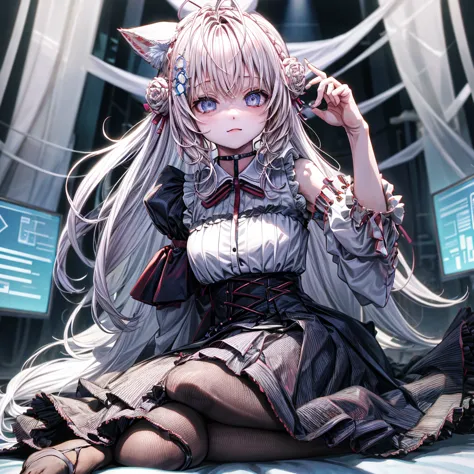 solo、1girl、doll-joints、full-body portraits、white gothic costume、sleeveless、sitting down、white-colored skin