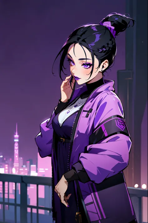 1female, black hair, purple eyes, braided ponytail, purple lipstick, makeup, purple accented dress, light jacket, city backgroun...