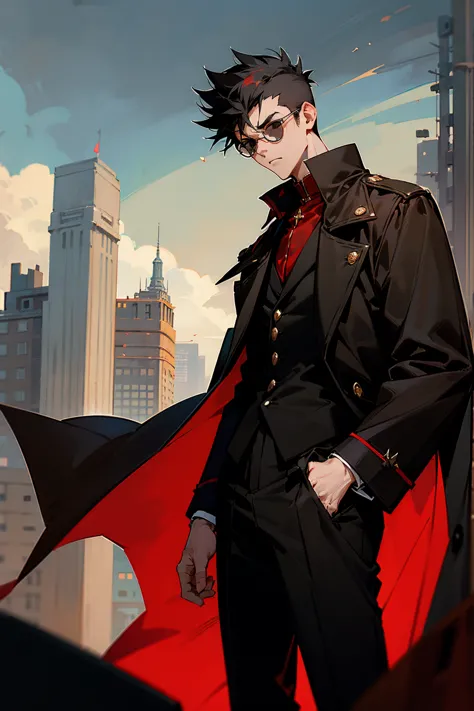 1male, black hair, black hair, short spiked hair, black eyes, red round tainted glasses, brown overcoat, black shirt, black pant...