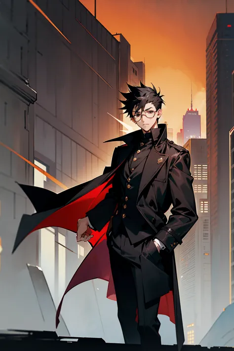 1male, black hair, black hair, short spiked hair, black eyes, red round tainted glasses, brown overcoat, black shirt, black pant...