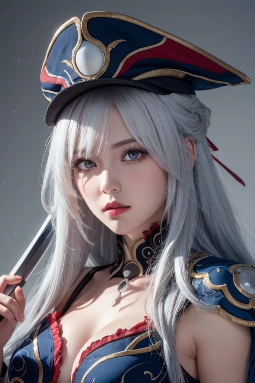 Anime Style、White skin、Gray Hair、Blue bristles、look up、maximum、stand out、Colorful gas expression、Captivating big boobs、woman、High-frequency detail (((Sharpness)))、((Sharp Focus : 1.2)) 、Pueros Face_V1: 0.7)、(8K、highest quality)、Very large breasts lighting)))、Beautiful lighting、Highly detailed face、Well drawn hands、Well drawn feet、Well drawn feet、Her breasts were exposed.、(masterpiece: 1,2)、highest quality、masterpiece、High resolution、Original and highly detailed wallpaper、information: Dressed as a pirate、black pirate costume、Pirate hat、Holding a sword、I use an eye patch。Pirate hat with feather、Red eyes、Red eyes、Red eyes、Red Eyes、Dominant、Dominantwoman、Look forward、front、frontのポーズ、Bright Eyes、blue eyes、Threatening、Closed mouth and dark red lipstick、Dark red lipstick