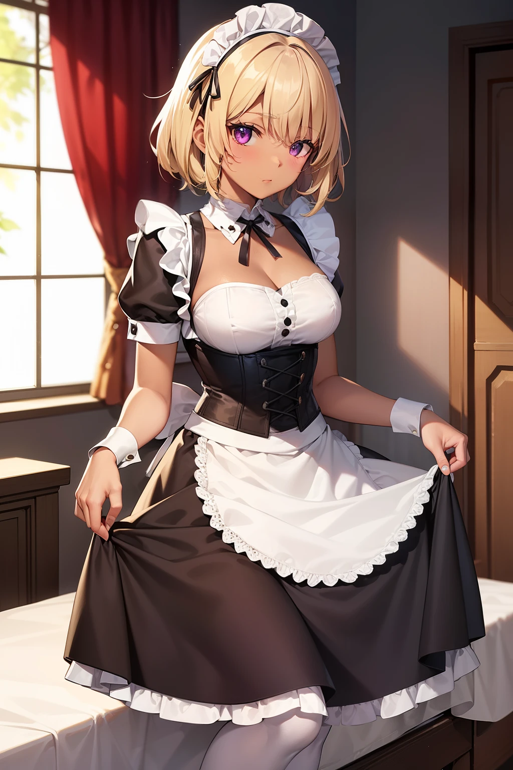 (Tabletop, highest quality, Super detailed), One Girl, Purple eyes, Blonde Hair, Dark Skin, Short Hair、Perm Hair、((White Pantyhose))、(Bedroom)、((Maid clothes))、Long Skirt、corset