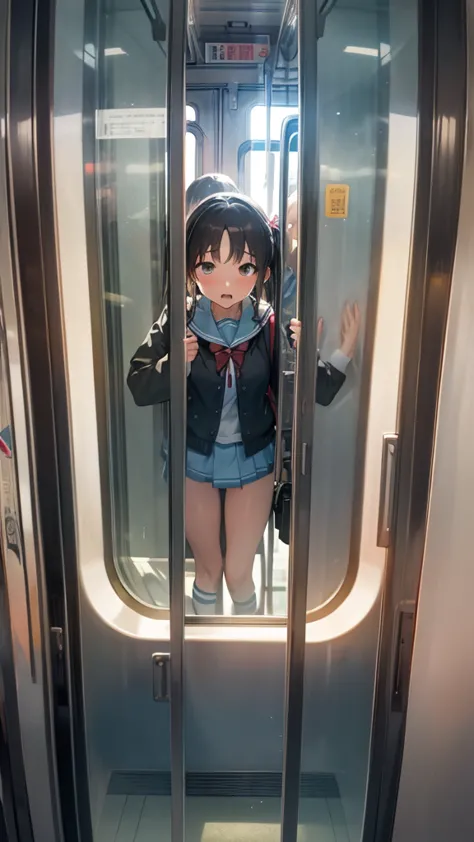 A middle school girl looks outside through the large glass door from inside a crowded train. The camera angle captures her throu...