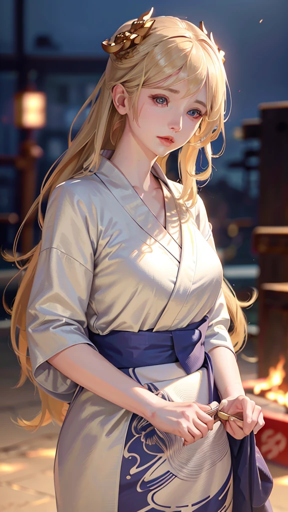 A beautiful pale-skinned woman with long white hair and captivating blue eyes, wearing a multicolored yukata in red, yellow and blue, set against a traditional washi-e art background, (best quality,4k,8k,highres,masterpiece:1.2),ultra-detailed,(realistic,photorealistic,photo-realistic:1.37),detailed eyes,detailed facial features,detailed skin,beautiful detailed lips,extremely detailed eyes and face,longeyelashes,intricate yukata design,flowing white hair,delicate facial expression,serene expression,elegant pose,atmospheric washi-e background,vibrant colors,dramatic lighting,cinematic composition