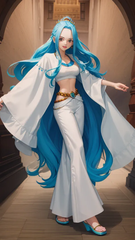 crie uma imagem full body em estilo anime de nefertari vivi do anime one piece. ela possui cabelos longos e azuis com franja est...