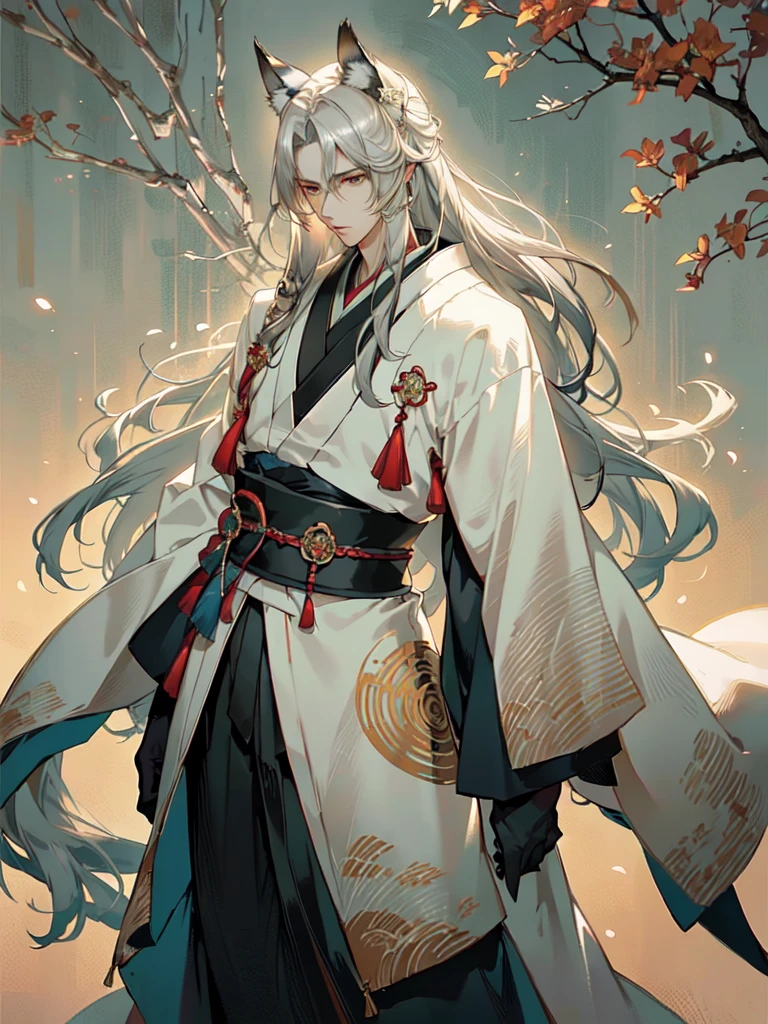 HDR,UHD,8K, best quality, masterpiece, Highly detailed, Studio lighting, physically-based rendering, 1boy, solo,
1boy, A highly detailed, anime-inspired illustration of a male character with long, flowing white hair and cat ears. He has a stern, dignified expression with piercing golden eyes that have a sharper, more intense look, reflecting a strong-willed and determined personality. His long hair flows naturally, with strands delicately outlined and softly shaded to create a realistic yet stylized appearance. He appears to be around 30 years old, with mature and defined features, exuding a sense of adult calmness and ruthlessness, similar to Sephiroth. He is wearing a dark, partially open kimono that reveals his well-defined chest, with intricate patterns and textures on the fabric to add richness to the clothing. The kimono should have traditional Japanese designs, including subtle floral motifs and elegant, gold-trimmed edges. The background is a soft, light gradient that accentuates the character's features without distracting from them, with a slight blur effect to give a sense of depth. The lighting is soft and natural, casting gentle shadows that enhance the contours of his face and body. His ears are slightly furry, with a realistic texture that blends seamlessly with his hair. The overall art style should include delicate line work and soft shading, focusing on clean lines, realistic yet stylized features, and subtle gradients and textures to create a polished and aesthetically pleasing appearance. The character should have a normal neck length and a broader jawline to ensure more balanced proportions. He should also appear to be around 190 cm tall. The image should be in 4K resolution, masterpiece quality, and of the highest standard, capturing every detail with precision and care.
upper body, 
 