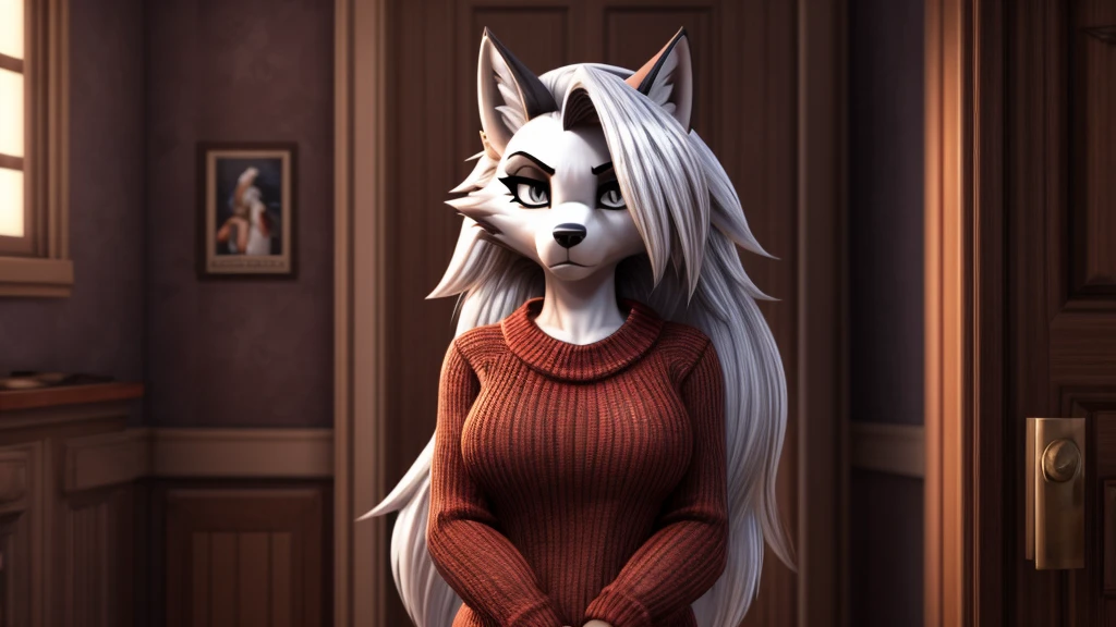 Loona from Helluva Boss, female wolf, anthro, white hair, grey eyes, in her 20s, adult, mature woman, casual outfit, red sweater, standing, cold stare, detailed, solo, beautiful, high quality, 4K