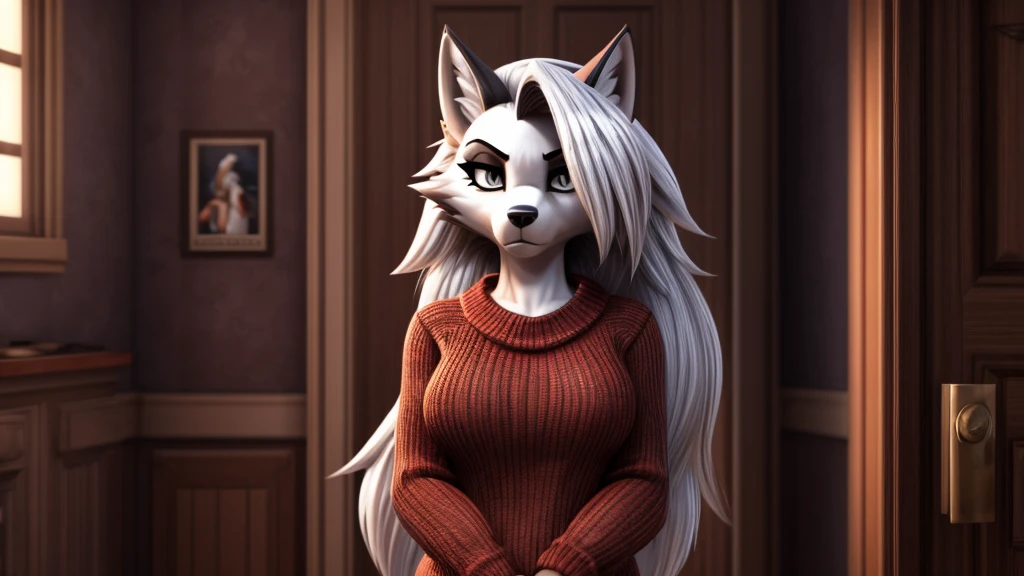 Loona von Helluva Boss, Weiblicher Wolf, anthro, weißes Haar, graue Augen, in her 20s, Erwachsene, erwachsene Frau, lässige Kleidung, roter Pullover, Stehen, Kalter Blick, ausführlich, Allein, Schön, gute Qualität, 4K