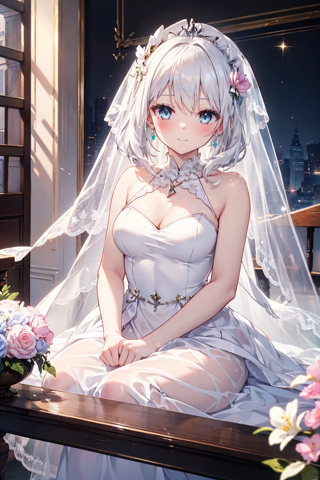 ,Straddle,tradition,(highest quality,4K,8k,High resolution,Tabletop:1.2),Super detailed,beautiful girl,Fascinating,Fascinating,Cheerfulness,Sacred,Magical Effects,Silvery white hair,Blue Eyes,Pale Pink Wedding Dress,Bride&#39;s crown,A small amount of sky blue cloth,Sophisticated clothing,Fine lace,Delicate frills,Bedroom,The only person,at night,Lace Pantyhose,Sacred縞,Transparent costume,Jewelry decoration