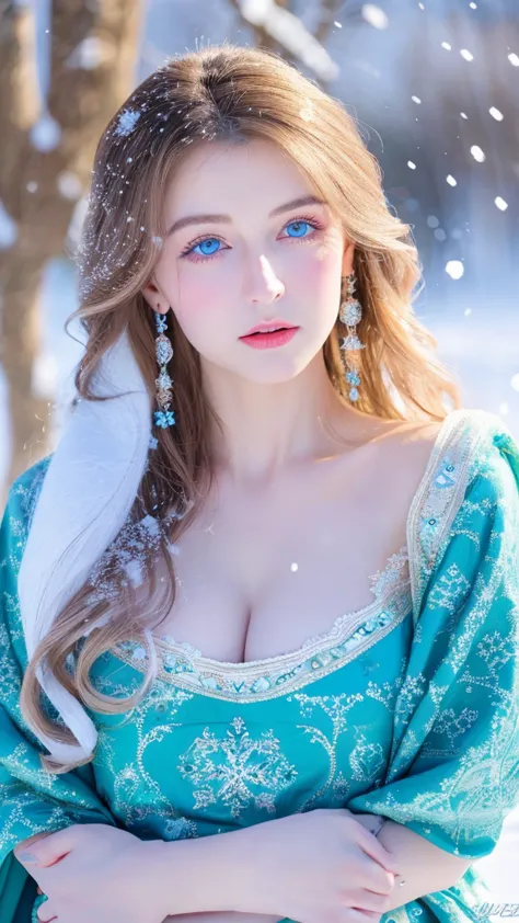 beautiful girl, blue eyes, long curly white hair witg, detailed facial traits, beautiful earrings, national turkic female dress,...