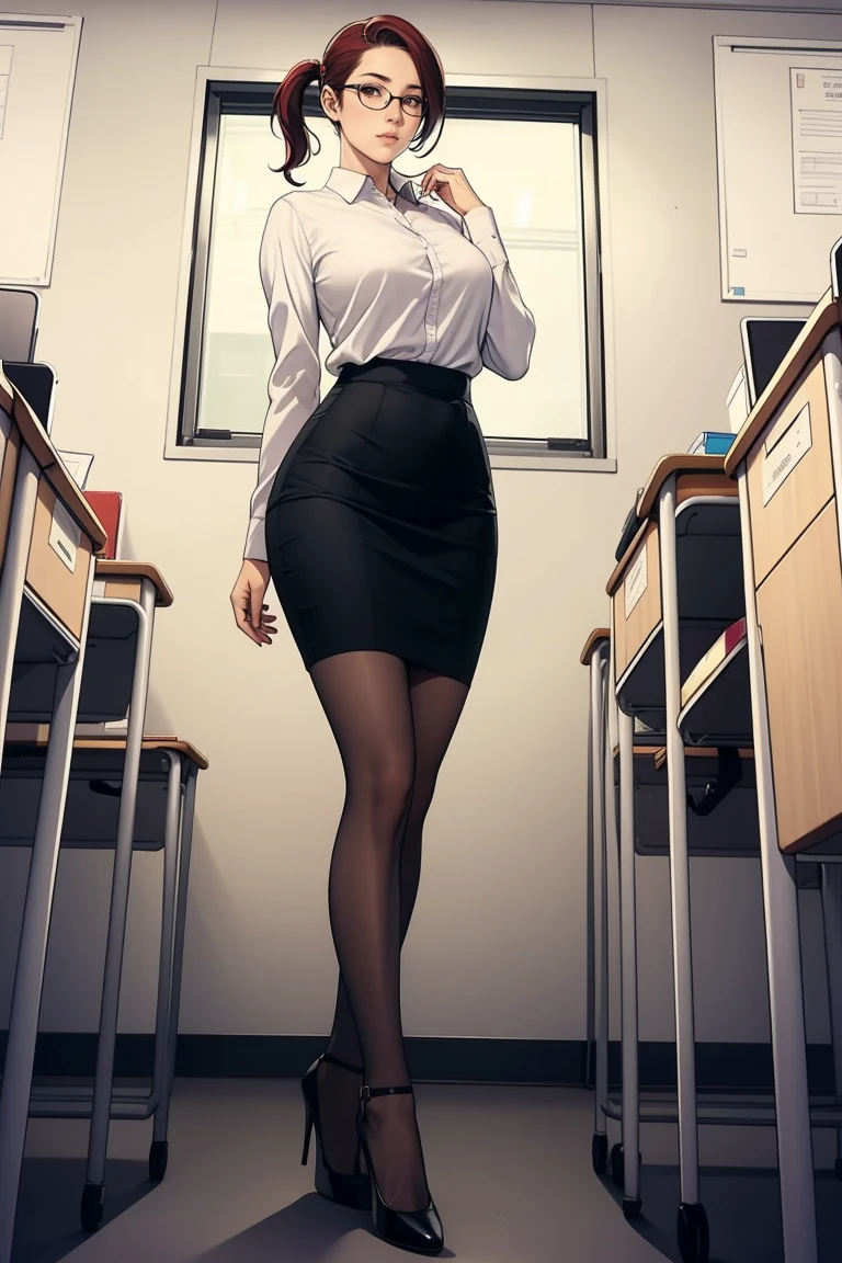 1 female, teacher, black frame glasses, long red ponytail hair, large breast, milf, wearing long sleeve white shirt, black pencil skirt, black heels, front view, view from below, fullbody shot, inside empty classroom, blushing, embarrased, eyes half open, standing, open door, 