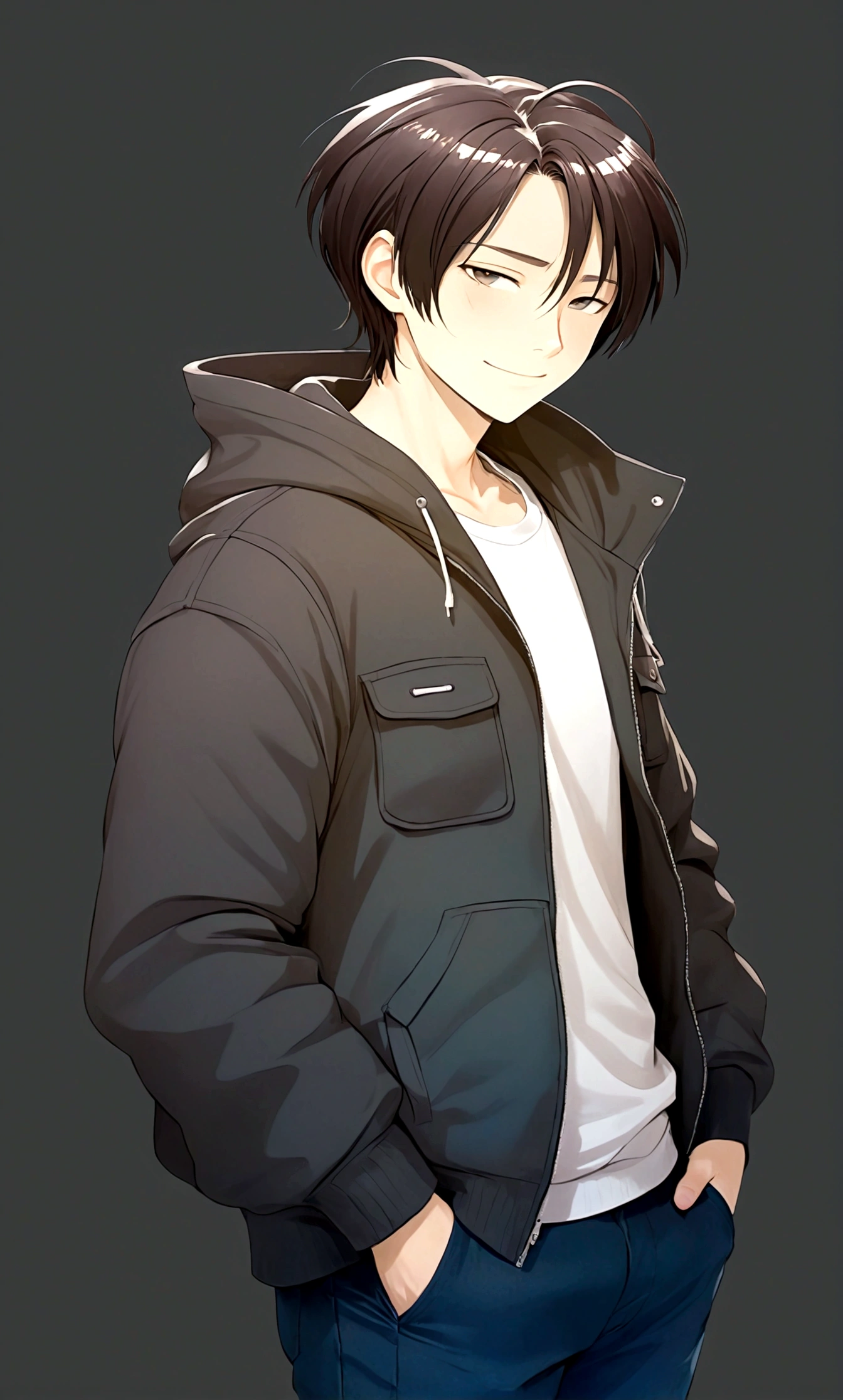 1boy，Black eyes，black hair，White shirt，Cardigan，Black down jacket，hood，hood羽绒，Male focus，solo，Upper Body