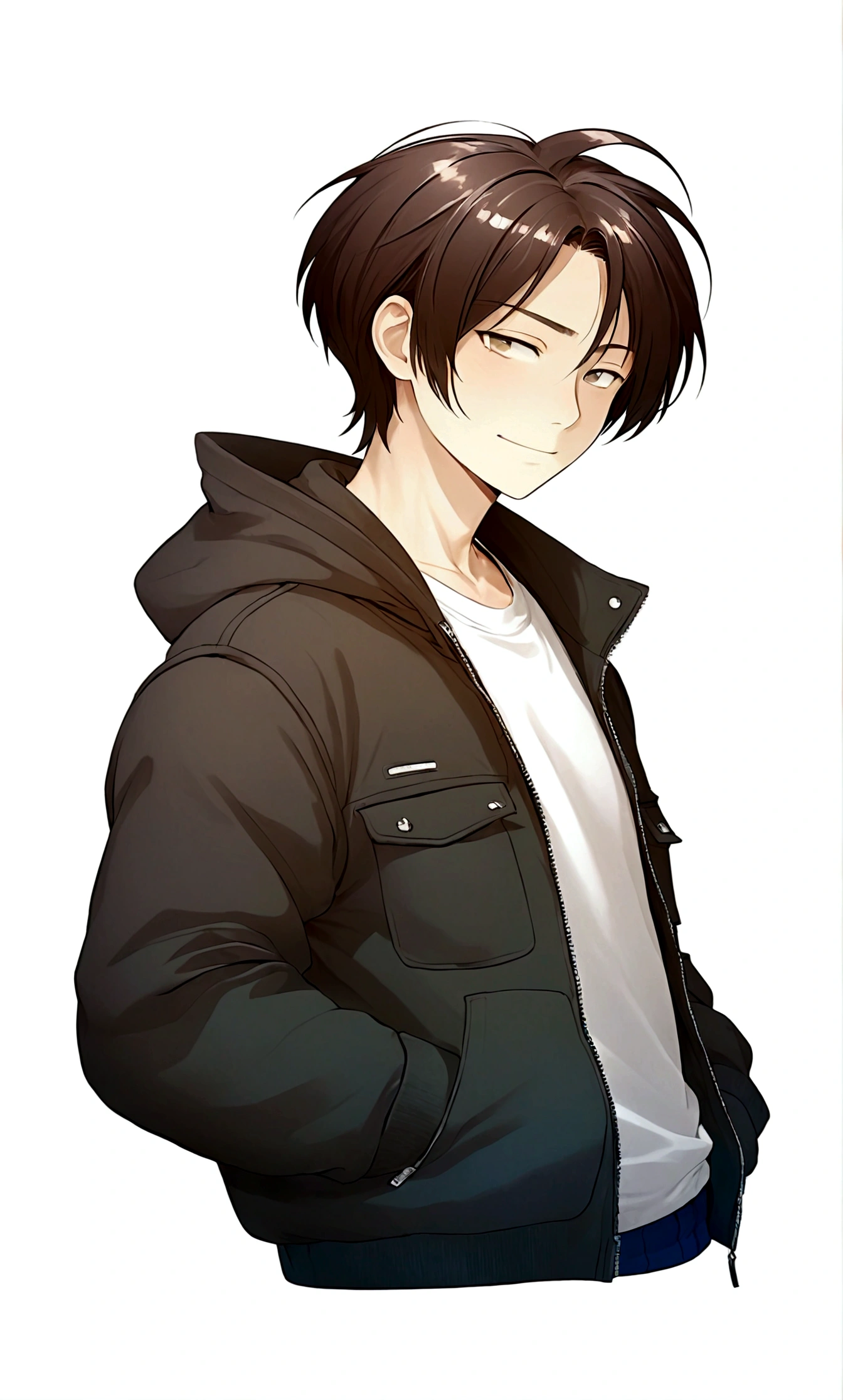 1boy，Black eyes，black hair，White shirt，Cardigan，Black down jacket，hood，hood羽绒，Male focus，solo，Upper Body