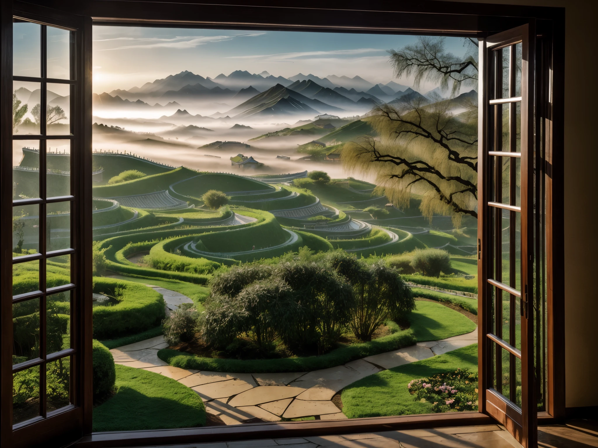 Landscape photography, film photography, Chinese landscape, garden from willow window, early morning, fog, real texture, photo texture, aesthetic, highly detailed, epic composition, Official media, 8k, uhd,  beautiful nature