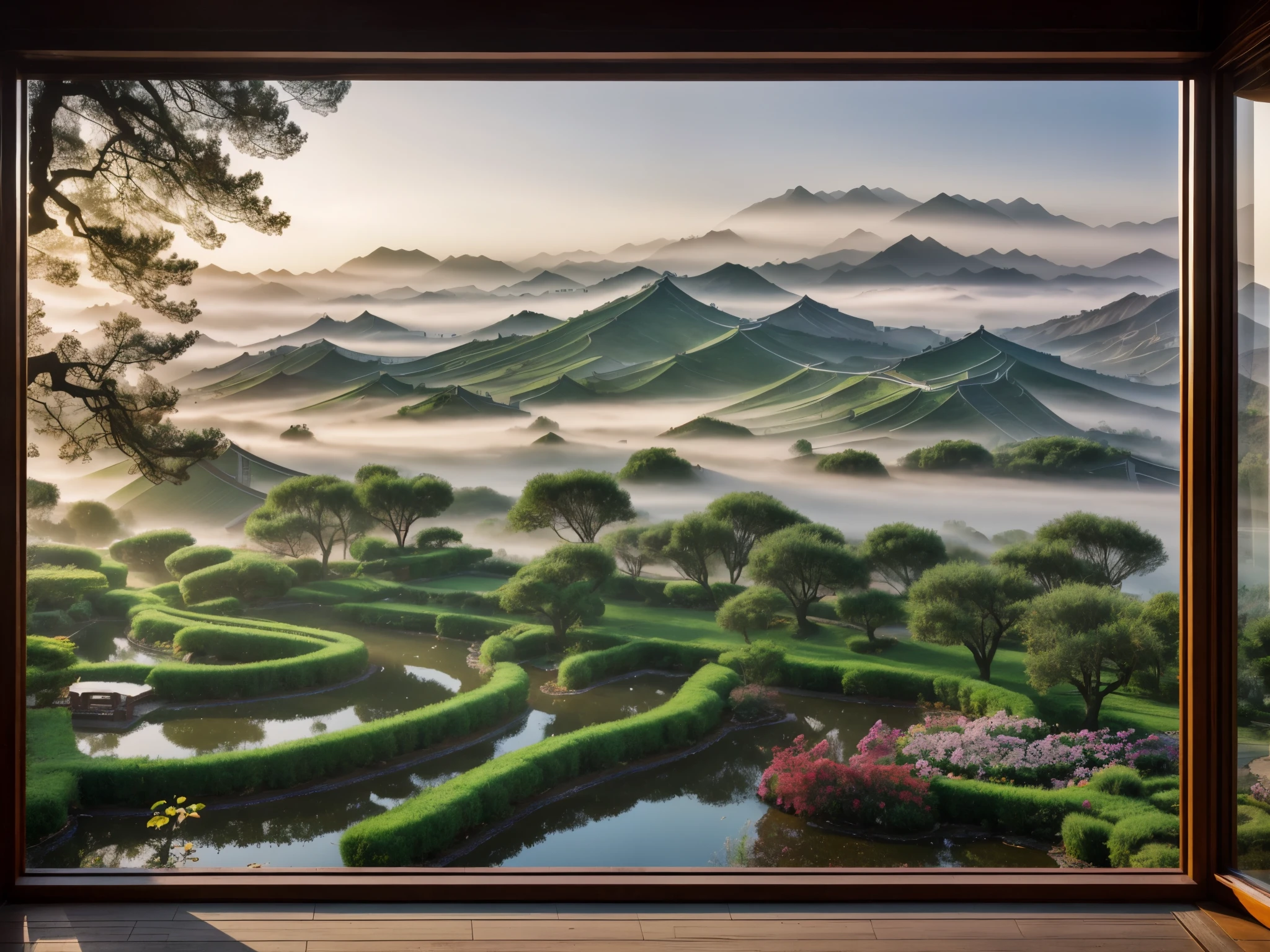 Landscape photography, film photography, Chinese landscape, garden from willow window, early morning, fog, real texture, photo texture, aesthetic, highly detailed, epic composition, Official media, 8k, uhd,  beautiful nature