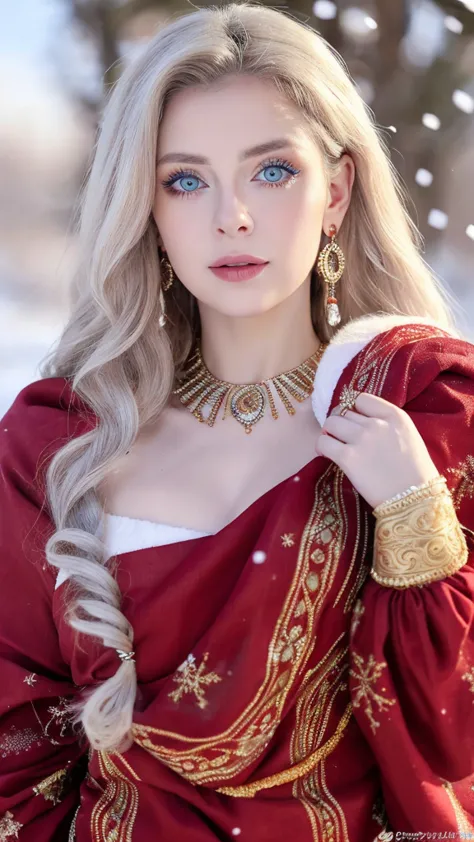 beautiful girl, blue eyes, long curly white hair witg, detailed facial traits, beautiful earrings, national turkic female dress,...