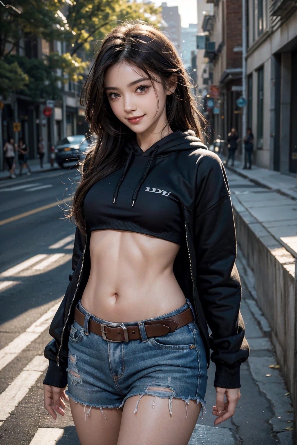 a girl, Thick belly button hoodie, long sleeve, (bare midriff, exposed navel), sexy abs, navel open，completely exposed abdomen, Low-rise hot pants，Exposing the entire abdomen，Mermaid Line, groin，metal belt, summer street, cinematic lighting, ray tracing, Fujicolor, anaglyph, cowboy shot, high detail, Verism, UHD, masterpiece, anatomically correct, textured skin, super detail, high details, award winning, best quality, 4K，Looking at the camera，Smile