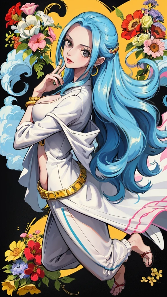 Créez une image corporelle complète de style anime de Nefertari Vivi de l&#39;anime One Piece.. Elle a de longs cheveux bleus avec une frange de style Hime., yeux bleus, et un sourire charmant. Elle porte une veste en cuir blanche sur une chemise ample blanche et un pantalon de survêtement... (beau corps:1.3) Vivi a des lèvres rouge vif et un visage d&#39;anime parfait, avec des détails réalistes et ultra détaillés. L&#39;arrière-plan doit être une ville, la soulignant comme la meilleure fille d&#39;anime (beau visage:1.3)