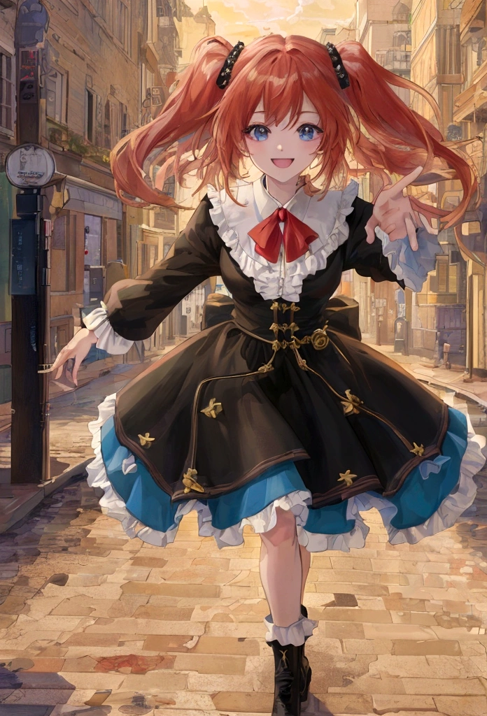 (8K,highest quality, Ultra-high resolution:1.5, masterpiece:1.3),Anime Style8k, anime art wallpaper 8k, anime art wallpaper 4k, Anime Art Wallpapers 8K, Anime Wallpaper 8K, anime wallpaper 4k, Anime atmosphere, Anime Style. 8k, A smiling girl on a street corner illuminated by the morning sun