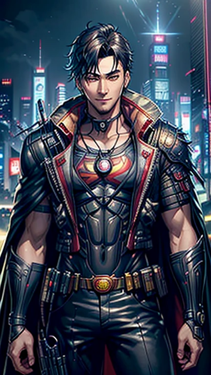 (highest quality, masterpiece, High resolution)、4K Anime Art、(1 handsome Japan man、20-year-old)、(cowboy_shot、Natural standing posture、)、 (Detailed depiction of a handsome face)、Happy smile、large chest、Short Hair、straight cut、 (cyberpunk type Superman costume,red cape)、(Dark midnight background)、((Gotham City Background))、