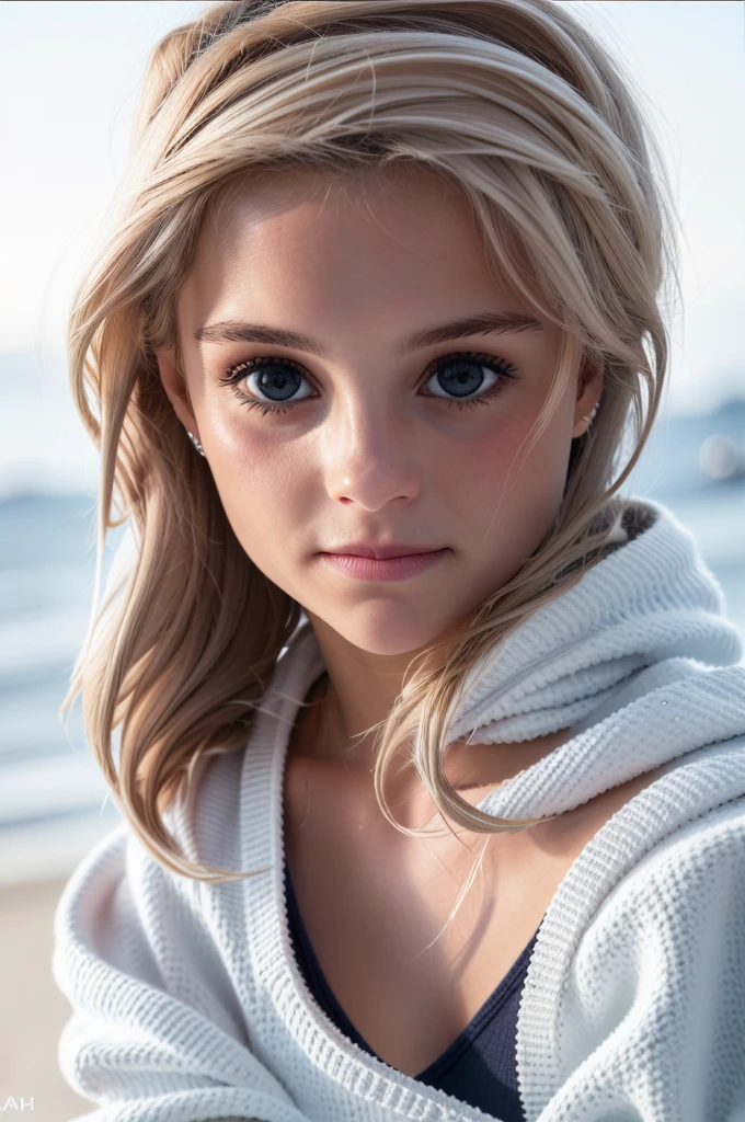 a woman, white sweater, midnight at the beach, perfect face, clear eyes, perfect day, close up, waves in background, [smiling:0.5], 8k, uhd, raw, fujifilm xt3, masterpiece