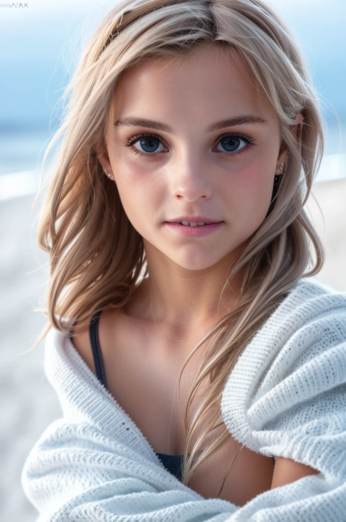 a woman, white sweater, midnight at the beach, perfect face, clear eyes, perfect day, close up, waves in background, [smiling:0.5], 8k, uhd, raw, fujifilm xt3, masterpiece