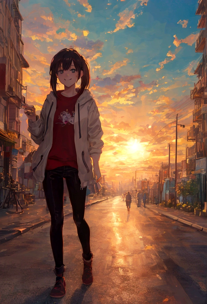 (8K,highest quality, Ultra-high resolution:1.5, masterpiece:1.3),Anime Style8k, anime art wallpaper 8k, anime art wallpaper 4k, Anime Art Wallpapers 8K, Anime Wallpaper 8K, anime wallpaper 4k, Anime atmosphere, Anime Style. 8k, A smiling girl on a street corner illuminated by the morning sun