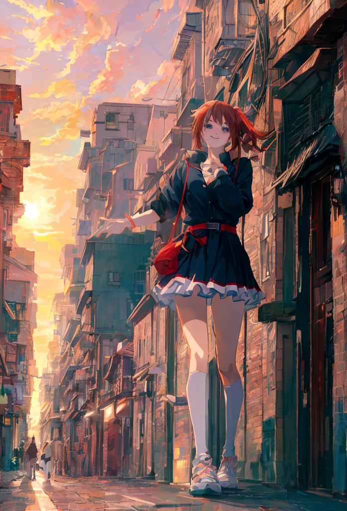 (8K,mais alta qualidade, Resolução ultra-alta:1.5, obra de arte:1.3),estilo anime8K, anime art wallpaper 8K, Papel de parede de arte anime 4k, Papéis de parede de arte de anime 8K, papel de parede de anime 8k, papel de parede de anime 4K, atmosfera de anime, estilo anime. 8K, Uma garota sorridente em uma esquina iluminada pelo sol da manhã