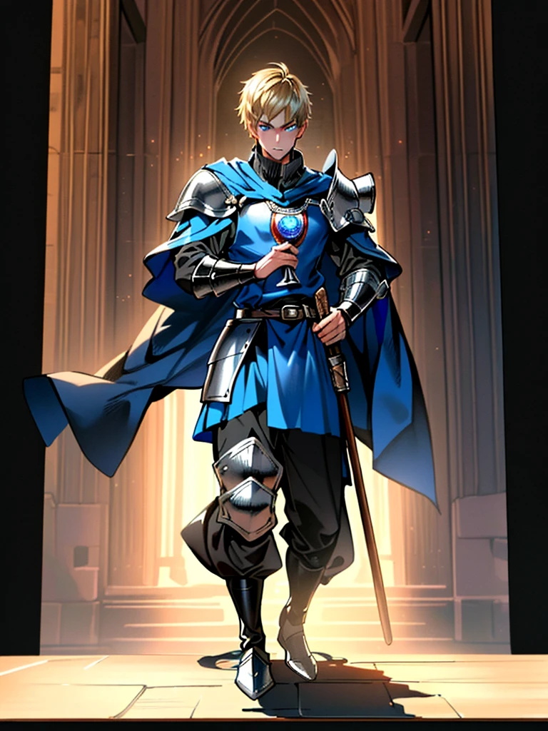 1man, (male), (medieval rogue:1.6), rouge, (armor on torso:1.2), medieval clothes, (full body:1.5), ((glowy blue eyes)), ((dark blonde hair)), (masterpiece, ccurate, anatomically correct, textured skin, super detail, high details, high quality, best quality, highres, 4K), character design, (UHD, 8K, award winning, high quality, masterpiece, ccurate), (((cinematic light))), ((medieval theme)), ((do not go beyond the edges of the image:1.8)), (((detailed background))), (((rating:safe)))