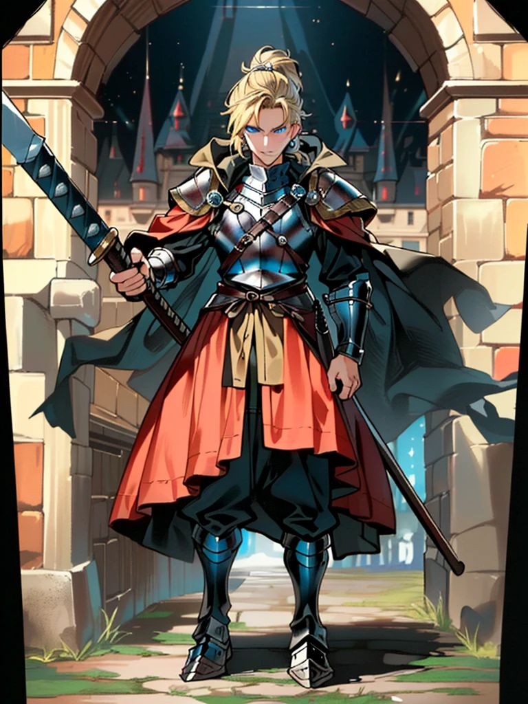 1man, (male), (medieval rogue:1.6), rouge, (armor on torso:1.2), medieval clothes, (full body:1.5), ((glowy blue eyes)), ((dark blonde hair)), (masterpiece, ccurate, anatomically correct, textured skin, super detail, high details, high quality, best quality, highres, 4K), character design, (UHD, 8K, award winning, high quality, masterpiece, ccurate), (((cinematic light))), ((medieval theme)), ((do not go beyond the edges of the image:1.8)), (((detailed background))), (((rating:safe)))