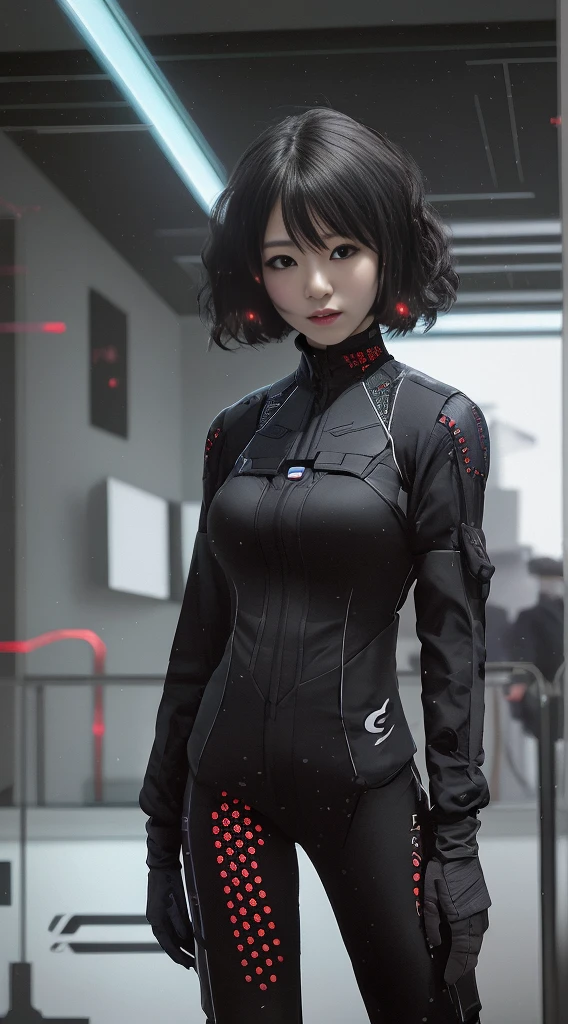 (RAW photo, best quality), (realistic, photo-realistic:1.3), best quality, highly detailed, fking_scifi, an award-winning photo of a Chinese girl, black combat suit with red dots, black hair, (Black Eyes: 1.35), Beautiful Face, Beautiful Eyes, Super Detail, Chinese 18 Year Old Girl, Short Hair, Asymmetrical Face, Standing in front of a Spaceship Window, Full Body, 50 mm, Background Blur, Mass Effect, Anthem, fking_cinema_v2