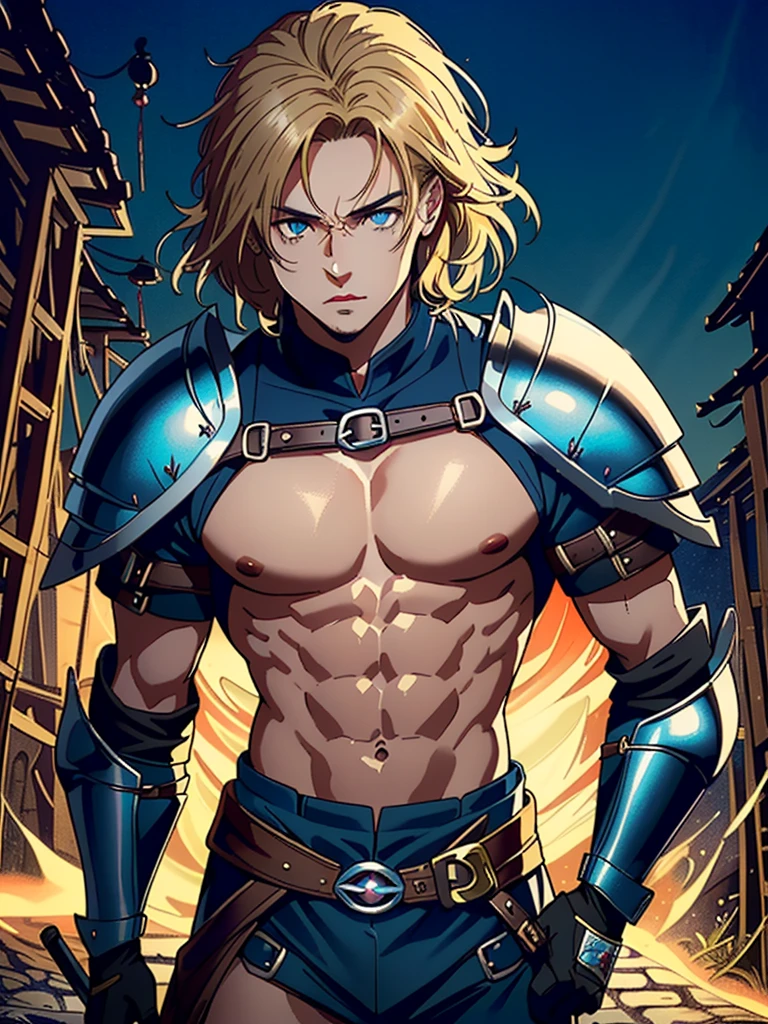 1man, (male), (medieval rogue:1.6), rouge, (armor on torso:1.2), medieval clothes, ((glowy blue eyes)), ((dark blonde hair)), (masterpiece, ccurate, anatomically correct, textured skin, super detail, high details, high quality, best quality, highres, 4K), character design, (UHD, 8K, award winning, high quality, masterpiece, ccurate), (((cinematic light))), ((medieval theme)), ((do not go beyond the edges of the image:1.8)), (((detailed background))), (((rating:safe)))