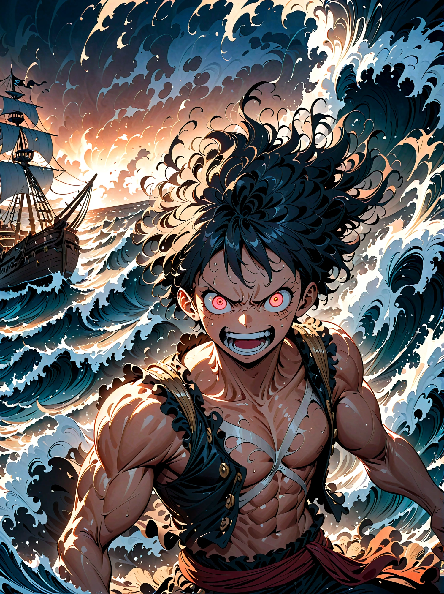 a powerful and energetic one piece character Luffy, with intense expression, burning determination and unyielding spirit, standing heroically on a pirate ship, surrounded by massive ocean waves, (best quality, 8k, highres, masterpiece:1.2), dynamic lighting, cinematic composition, dramatic color palette, striking pose, wild hairstyle, detailed facial features, glowing eyes, determined expression, muscular body, pirate outfit, sailing ship, crashing ocean waves, stormy sky, (epic,heroic:1.2)