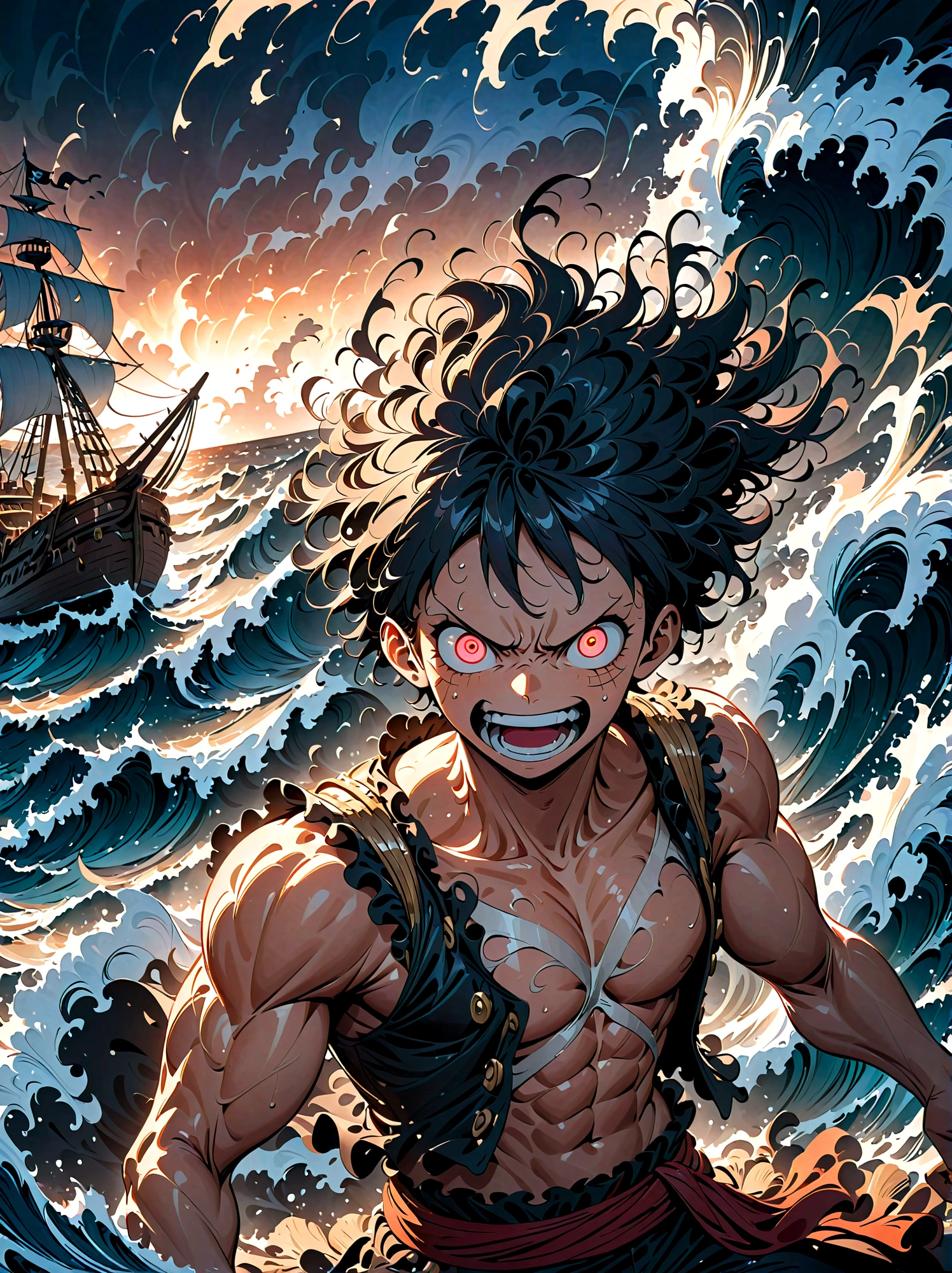 ein kraftvoller und energiegeladener One Piece-Charakter Ruffy, mit intensivem Ausdruck, brennende Entschlossenheit und unbeugsamer Geist, standing heroischally on a pirate ship, umgeben von gewaltigen Meereswellen, (beste Qualität, 8k, highres, Meisterwerk:1.2), dynamische Beleuchtung, Filmkomposition, dramatische Farbpalette, auffällige pose, Wilde Frisur, detaillierte Gesichtszüge, glühende Augen, entschlossener Ausdruck, muskulöser Körper, Piratenkostüm, Segelschiff, tosende Meereswellen, stürmischer Himmel, (Epos,heroisch:1.2)