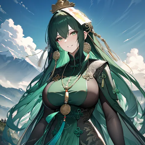 a woman wearing a green dress with classical chinese aesthetics, dark green hair, long hair, a talisman on her head, green eyes,...