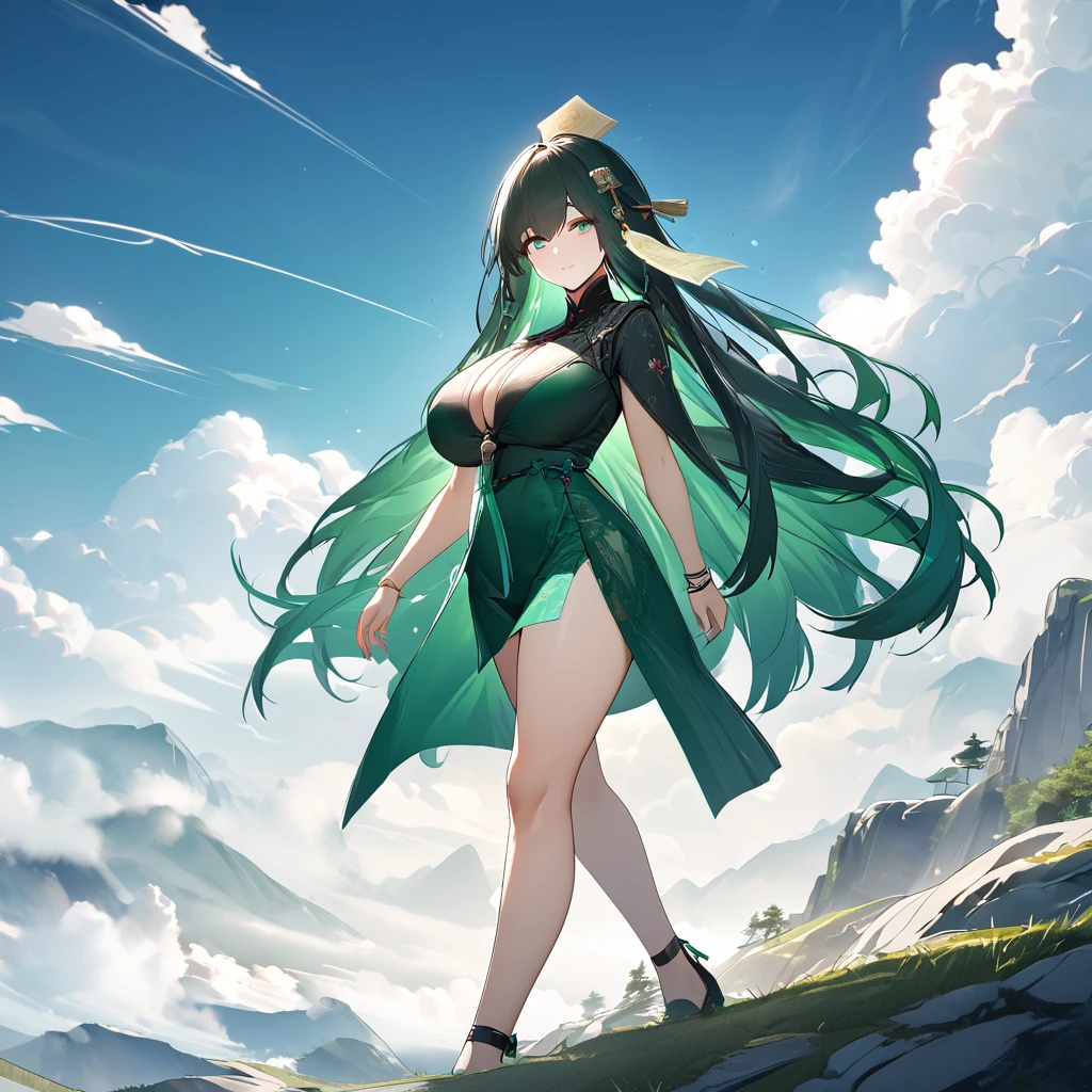 A woman wearing a green dress with classical Chinese aesthetics, dark green hair, long hair, a talisman on her head, green eyes, big breasts, smiling, walking on a hill in Chinese aesthetics, blue sky with clouds,UHD , work- prime, precise, anatomically correct, textured skin, super details, high quality, best quality, 8k, high resolution, bokeh effect. (woman alone)

