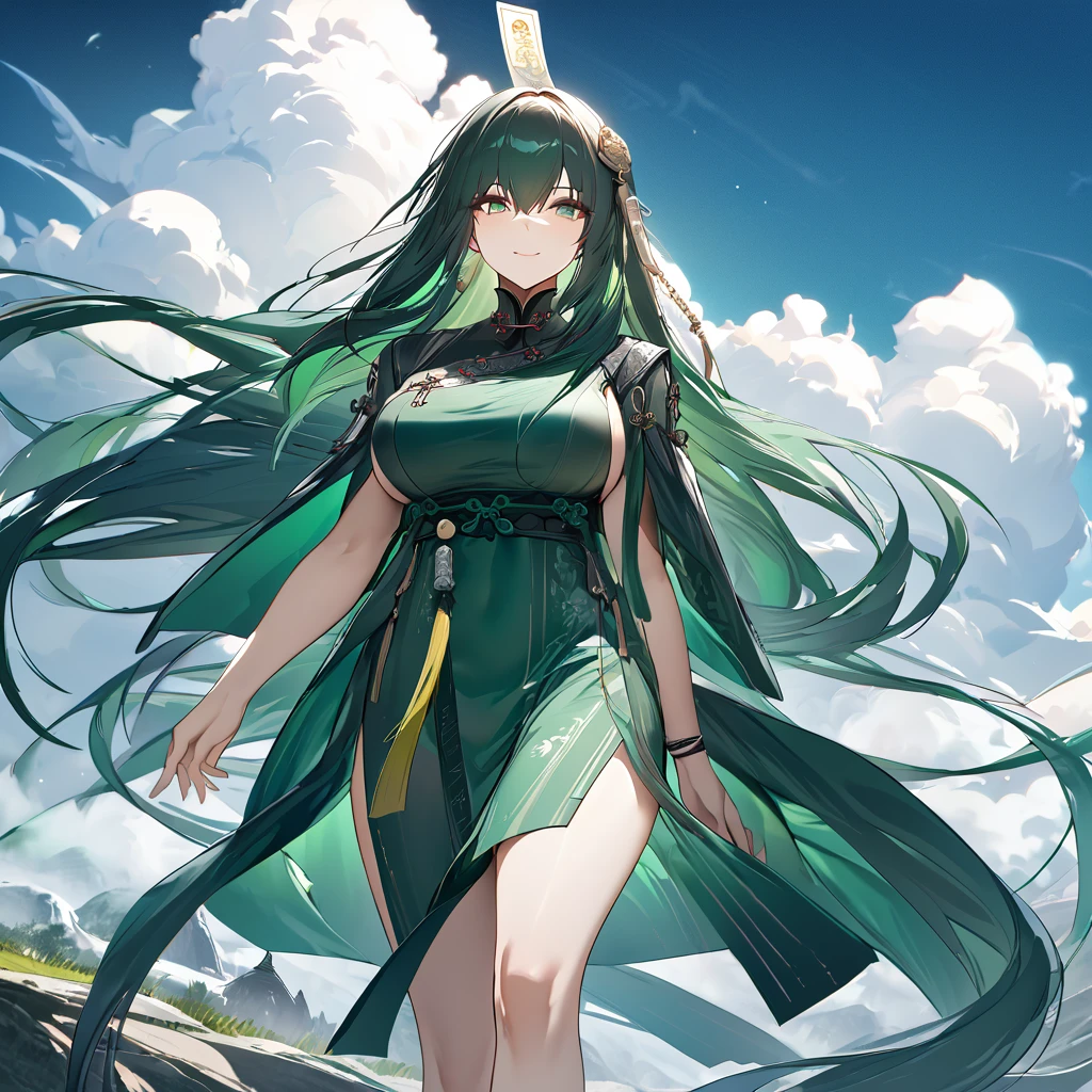 A woman wearing a green dress with classical Chinese aesthetics, dark green hair, long hair, a talisman on her head, green eyes, big breasts, smiling, walking on a hill in Chinese aesthetics, blue sky with clouds,UHD , work- prime, precise, anatomically correct, textured skin, super details, high quality, best quality, 8k, high resolution, bokeh effect. (woman alone)

