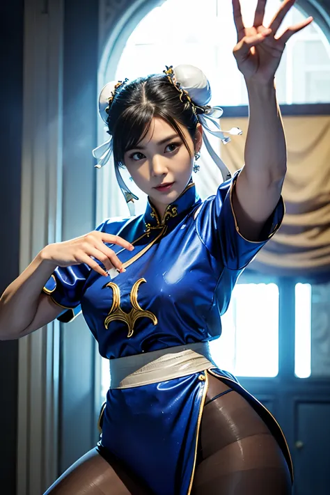 《Street Fight II》Chun-Li,Perfect Chun-Li Costume,Blue and gold thread cheongsam,Bun head,Good cover,Fighting Stance,ハイKick,Kick、...