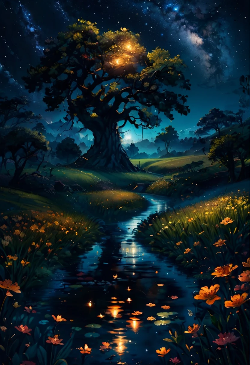 (masterpiece,best quality,absurdres,4k:1.2),genshin landscape, moonlight, night time, stars, fireflies, flowers. giant oak tree with braided trunk, magical, fantasy, mythical, 4k, 8k, extremely clear, masterpiece, field of depth, hdr, detailed, hyper quality, vibrant, sharp focus, good composition, vivid, bright colors, high contrast,small creek reflecting starry sky