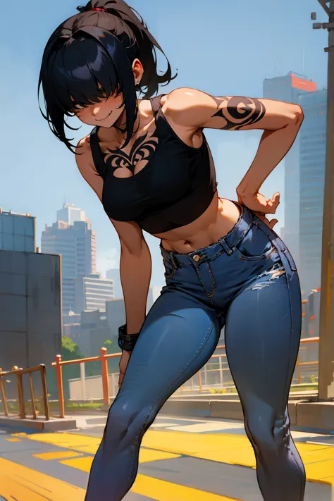 1female, dark skin, black hair, hair over eyes, bangs, ponytail, tanktop, jeans, arm tattoos, smiling, city background, detailed...