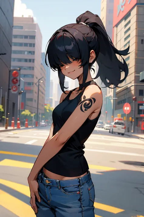 1female, dark skin, black hair, hair over eyes, bangs, ponytail, tanktop, jeans, arm tattoos, smiling, city background, detailed...