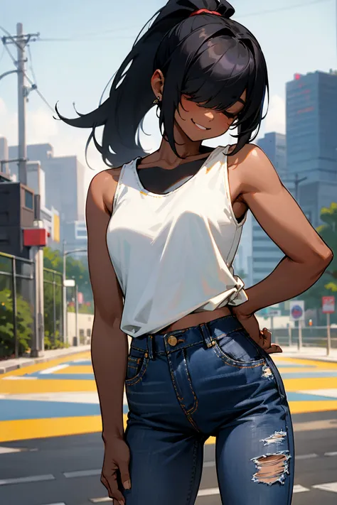 1female, dark skin, black hair, hair over eyes, bangs, ponytail, tanktop, jeans, arm tattoos, smiling, city background, detailed...