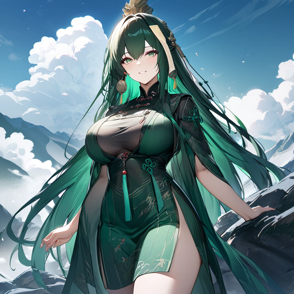 A woman wearing a green dress with classical Chinese aesthetics, dark green hair, long hair, a talisman on her head, green eyes, big breasts, smiling, walking on a hill in Chinese aesthetics, blue sky with clouds,UHD , work- prime, precise, anatomically correct, textured skin, super details, high quality, best quality, 8k, high resolution, bokeh effect. (woman alone)
