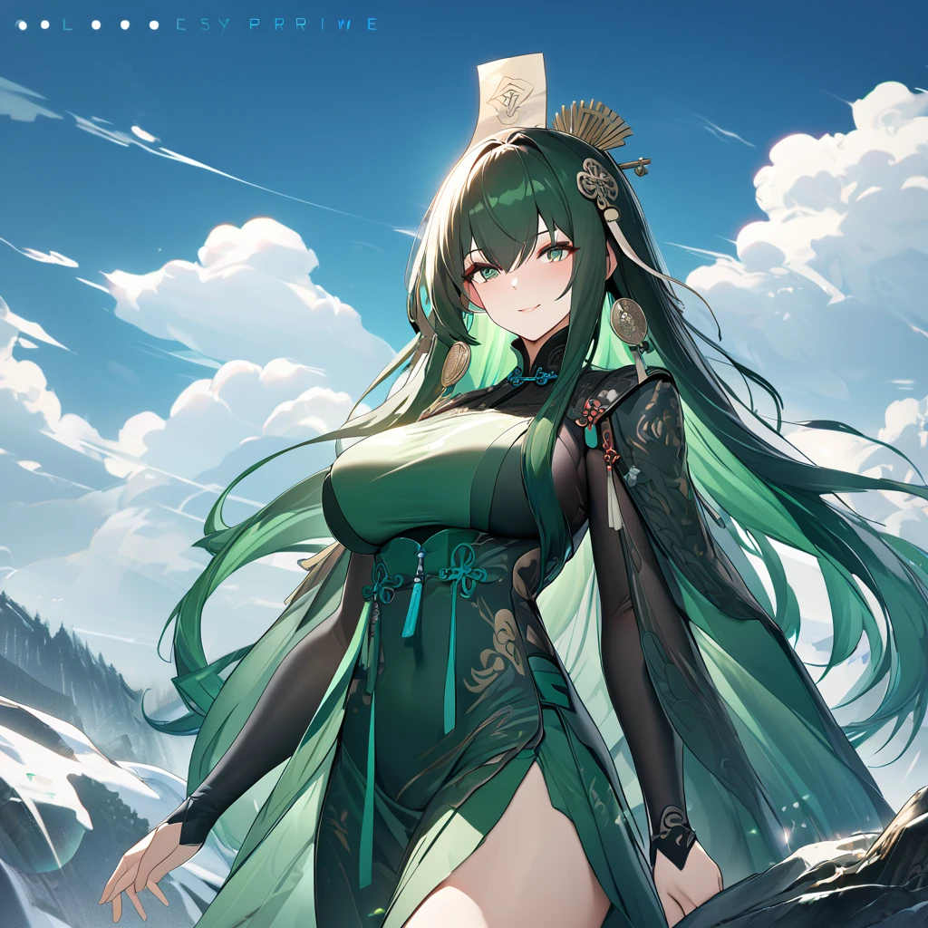 A woman wearing a green dress with classical Chinese aesthetics, dark green hair, long hair, a talisman on her head, green eyes, big breasts, smiling, walking on a hill in Chinese aesthetics, blue sky with clouds,UHD , work- prime, precise, anatomically correct, textured skin, super details, high quality, best quality, 8k, high resolution, bokeh effect. (woman alone)
