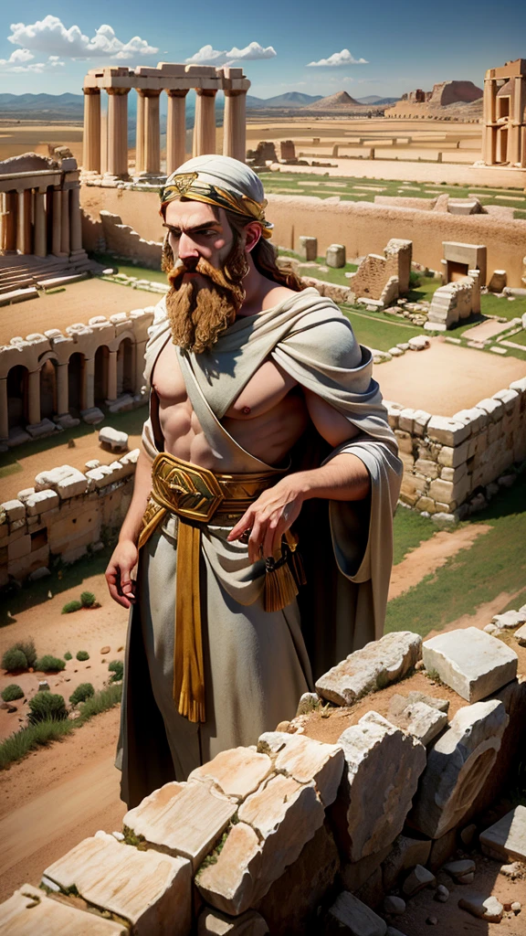 Saul of Tarsus, legendary figure rising, ancient Greece, traditional robes, open landscape with ancient ruins, dramatic emergence, vast fields and ancient structures in the background, wide shot, hyper-realistic, photo realism, cinematography