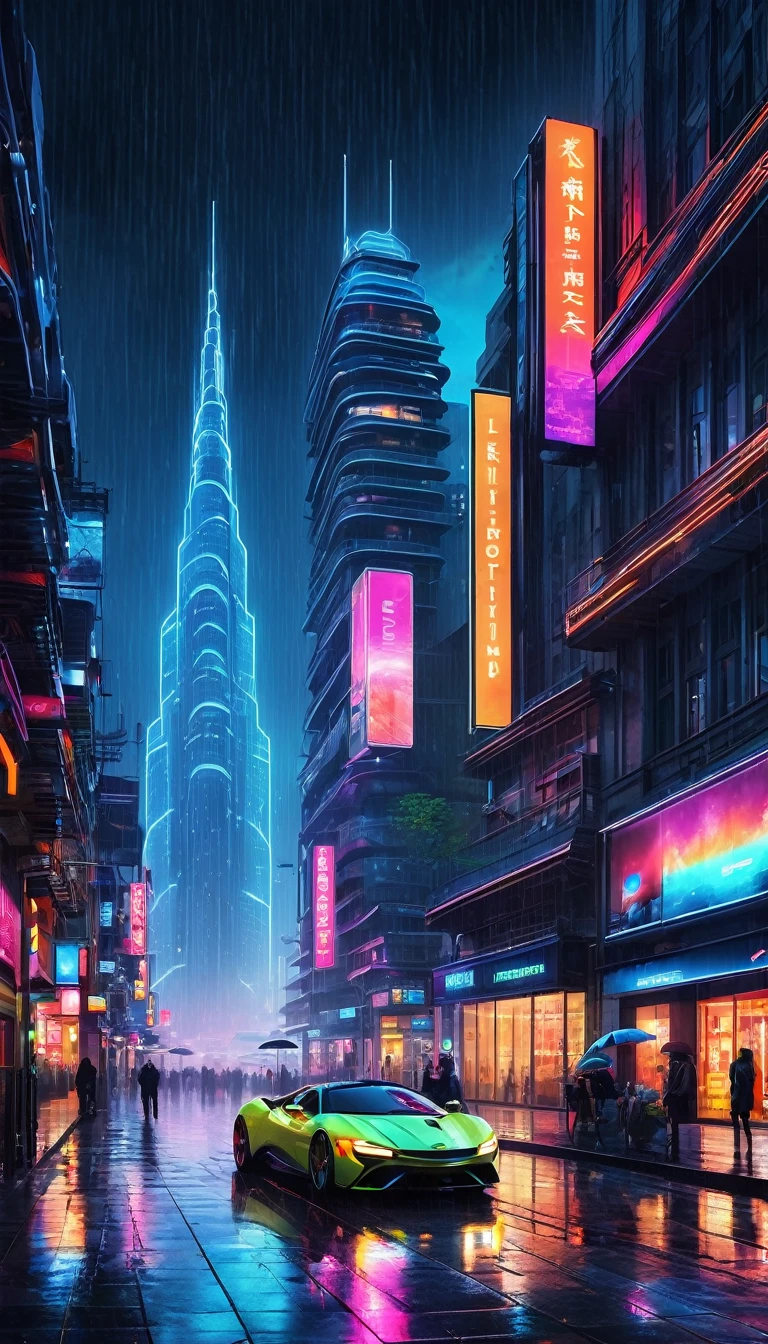 Uma obra-prima de paisagens urbanas futuristas: ((mais alta qualidade))、((alta definição))、((realista)) Quando a cidade dorme na escuridão da noite、Arquitetura incrível e luzes de néon iluminam as ruas de estilo europeu com um brilho vibrante。O edifício imponente, moderno e glamoroso、Um testemunho da coexistência harmoniosa de tradição e inovação nesta metrópole futurista.。na chuva torrencial、a cidade&#39;A pulsação cyberpunk do país corre pela cidade&#39;há ruas brilhantes.、A iluminação elegante de uma linha ferroviária futurista serpenteia pela paisagem urbana.。Cada estrutura