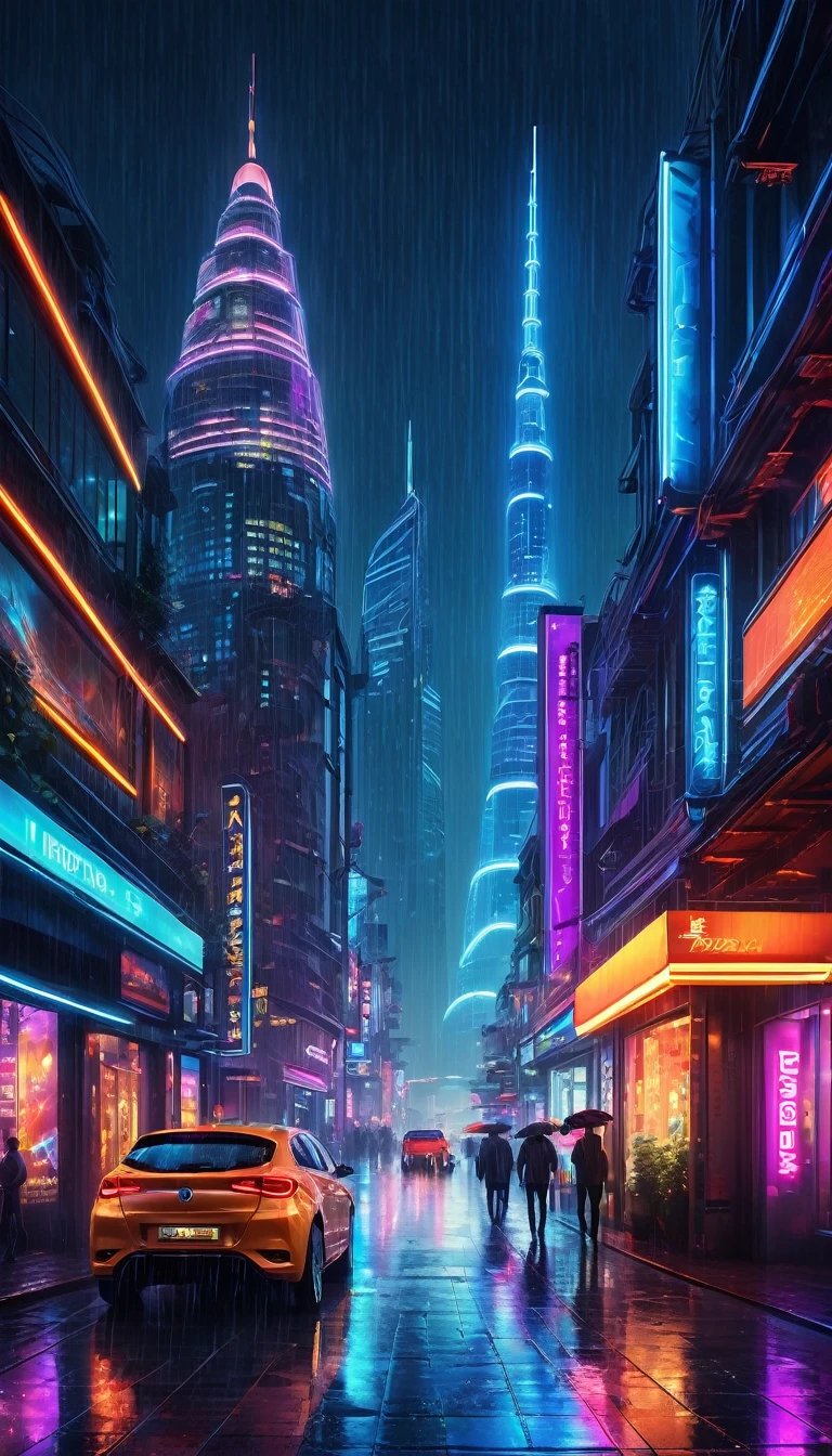 Ein Meisterwerk futuristischer Stadtansichten: ((höchste Qualität))、((hochauflösend))、((realistisch)) Wenn die Stadt in der Dunkelheit der Nacht schläft、Unglaubliche Architektur und Neonlichter erhellen die Straßen im europäischen Stil mit einem lebendigen Glanz。Das moderne und glamouröse Hochhaus、Ein Beweis für das harmonische Zusammenleben von Tradition und Innovation in dieser futuristischen Metropole.。im strömenden Regen、Die Stadt&#39;s Cyberpunk-Puls rast durch die Stadt&#39;s glitzernde Straßen.、Die elegante Beleuchtung einer futuristischen Eisenbahnlinie schlängelt sich durch das Stadtbild.。Jede Struktur